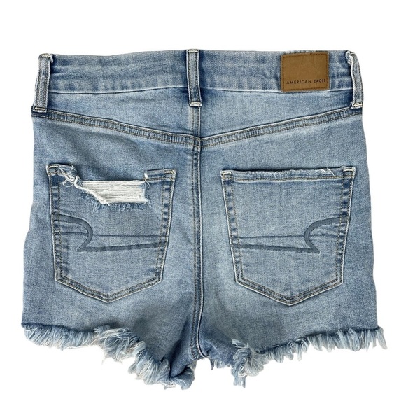 American Eagle Curvy Hi Rise Shortie 4 Distressed Cutoff Shorts Stretch Blue - Picture 6 of 11